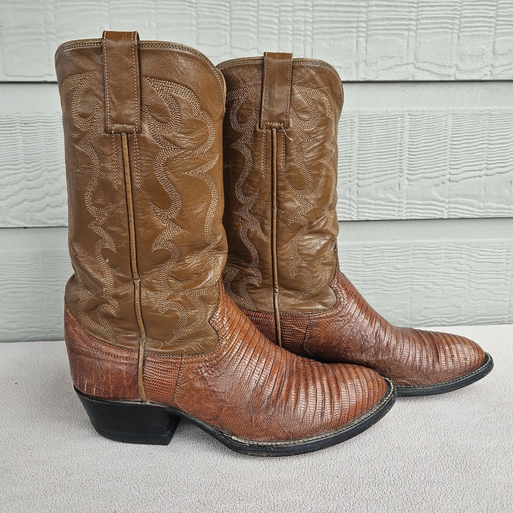 VTG Teju Lizard Skin Western Cowboy Boots Men SZ 9D Handcrafted Brown 1980